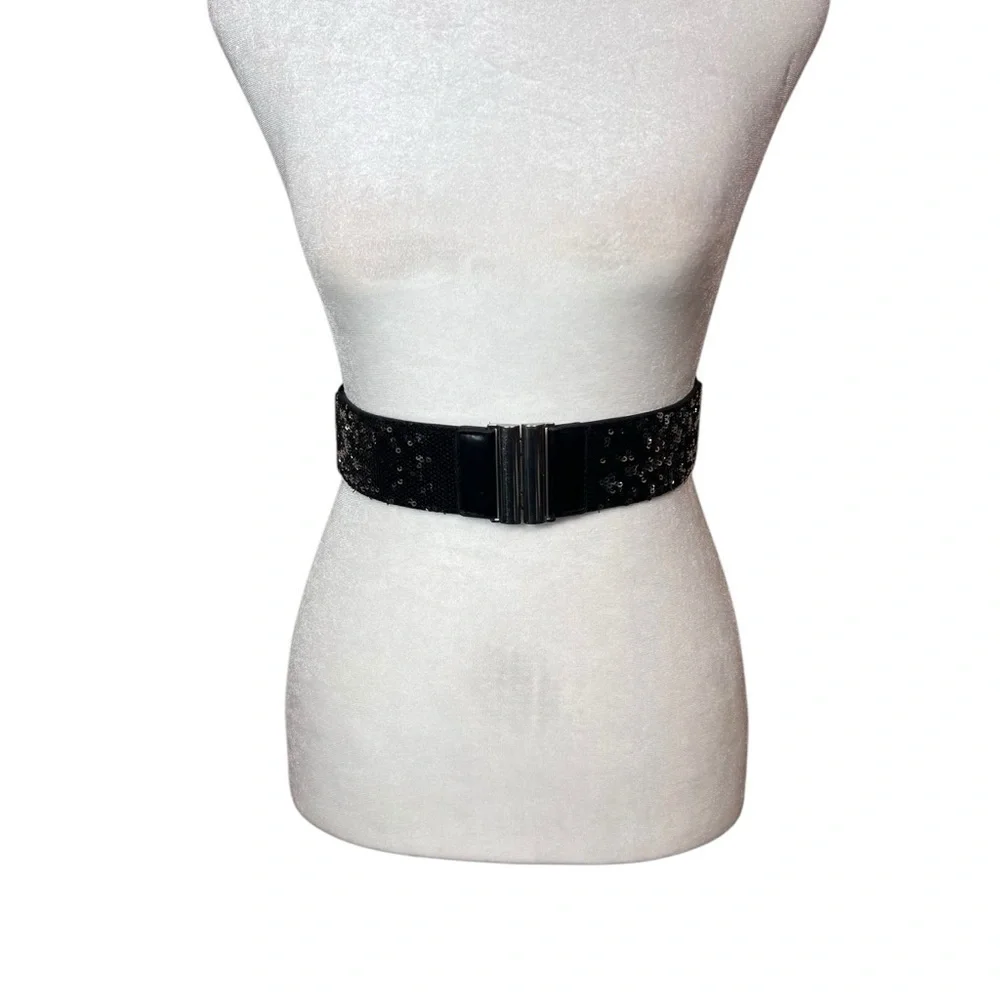 Sequin Statement Belt Black Silver Stretch Wide waist Whimsigoth Punk Sz Small
